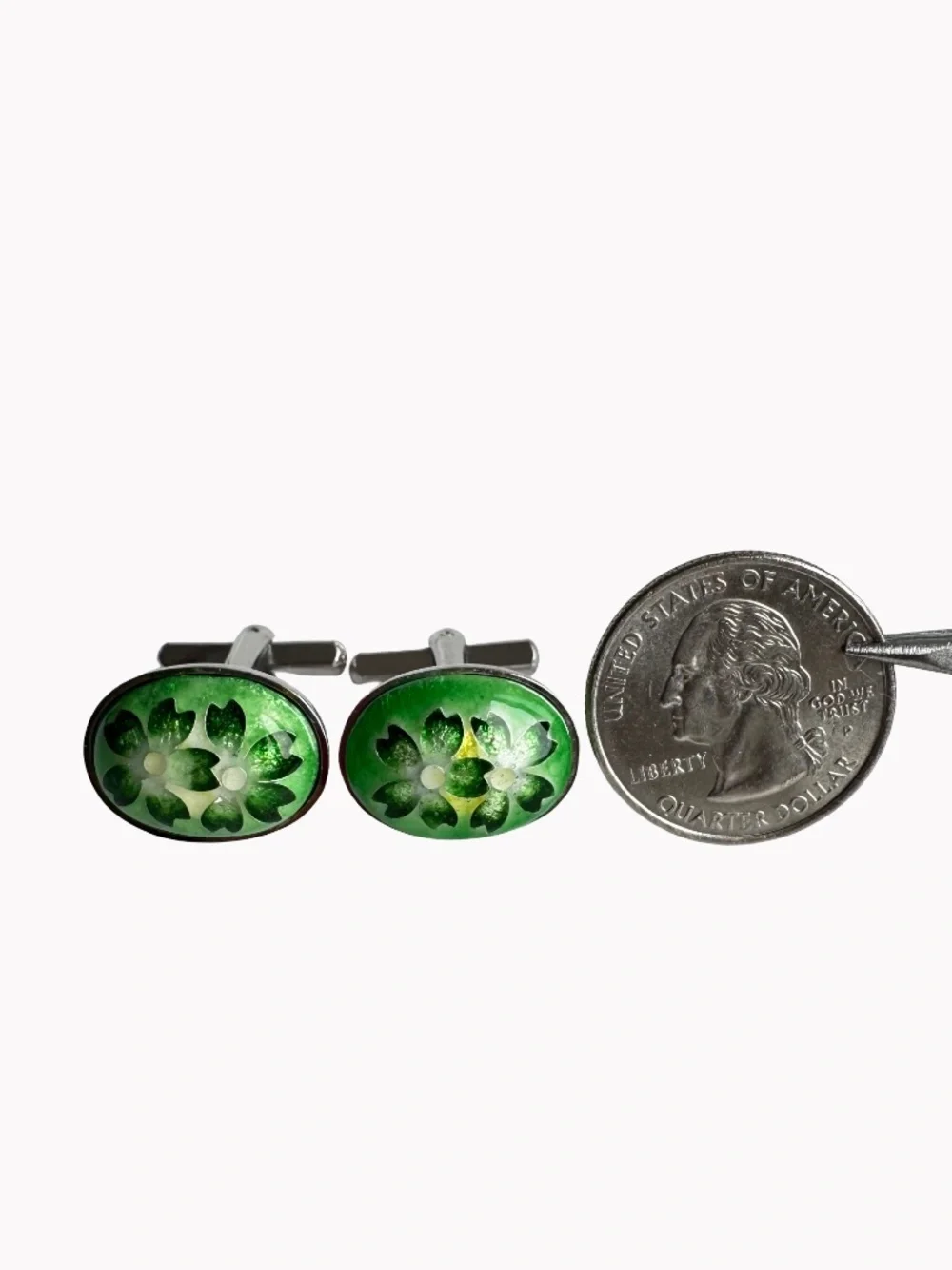 Vintage Cloisonne Enamel Cufflinks Green Floral Oval Silver Tone Mens Accessory